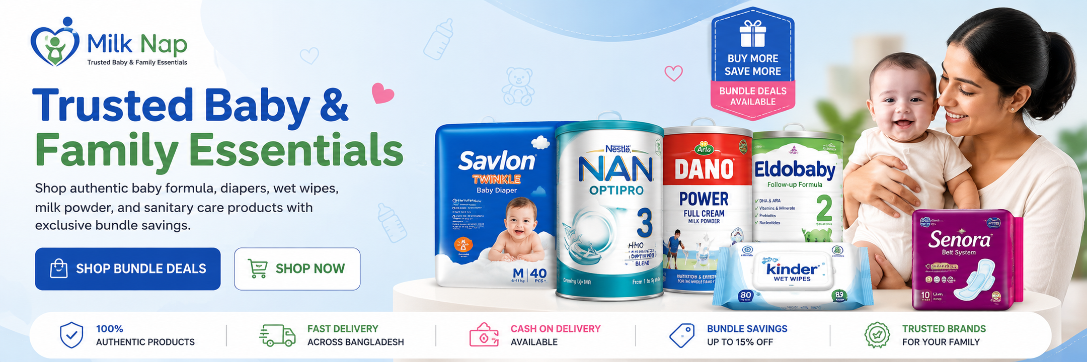 Promotional banner for Milk Nap featuring various baby and family products with a woman holding a baby.